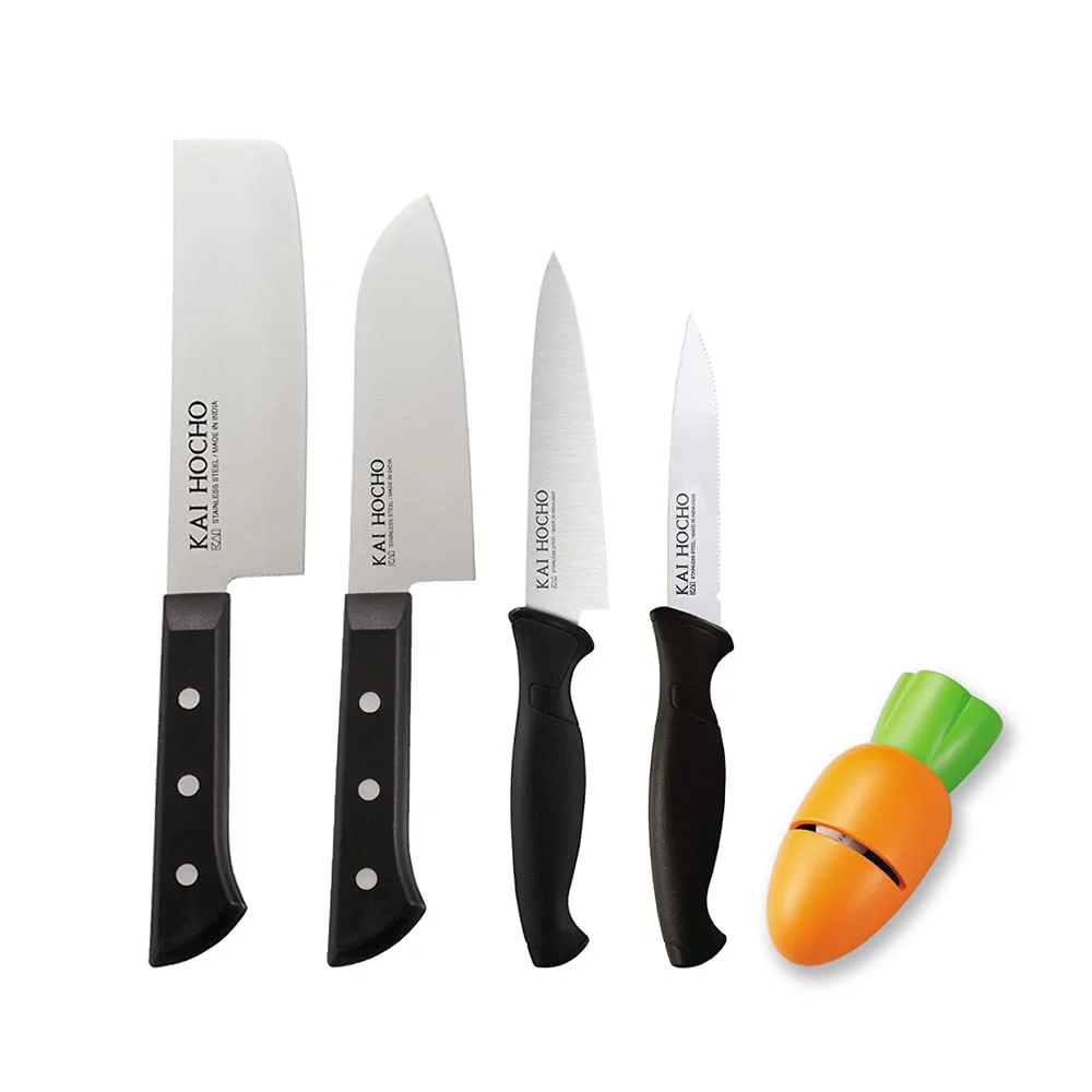 Kai Premium Knife Set [Nakiri, Santoku, Utility & Serrated Knife With Knife Sharpener] - Image 3