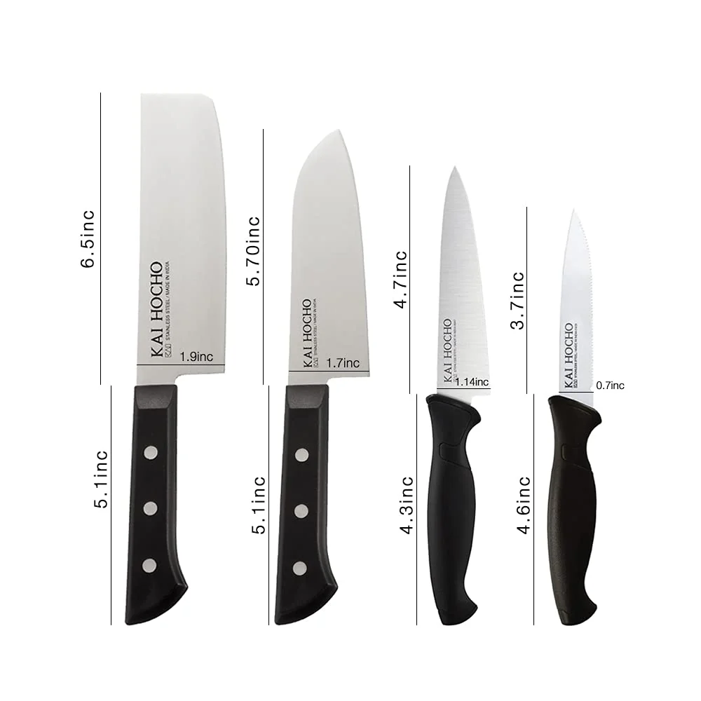 Kai Premium Knife Set [Nakiri, Santoku, Utility & Serrated Knife With Knife Sharpener] - Image 4