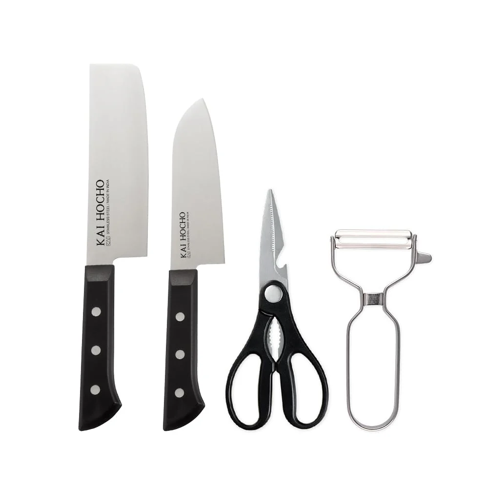 KAI Premium Kitchen Nakiri Knife, Santoku Knife, Scissors, Peeler (Set of-4) - Image 3
