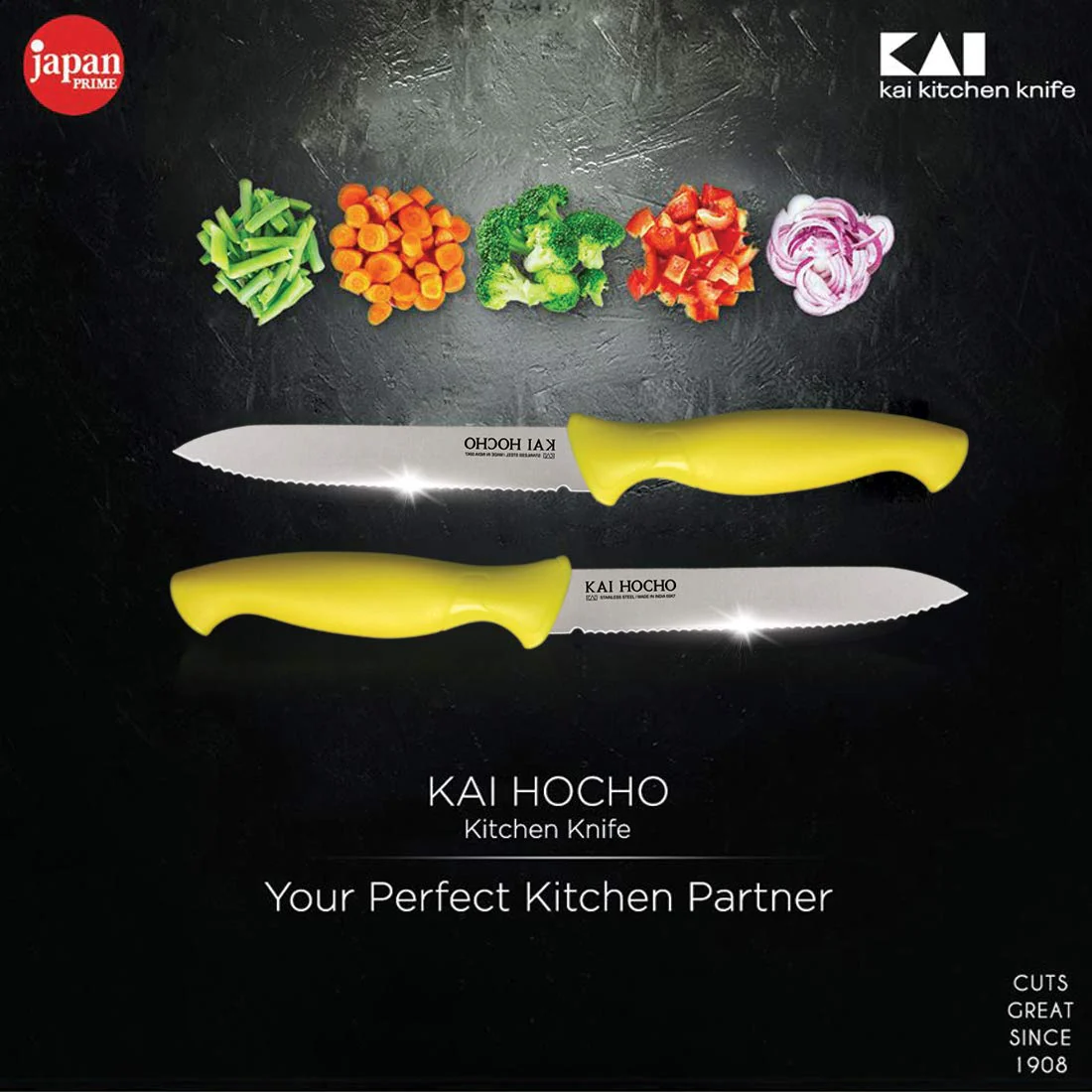 Kai Stainless Steel Vegetable Knife Serrated Blade Set, 2-Piece (Yellow) - Image 3
